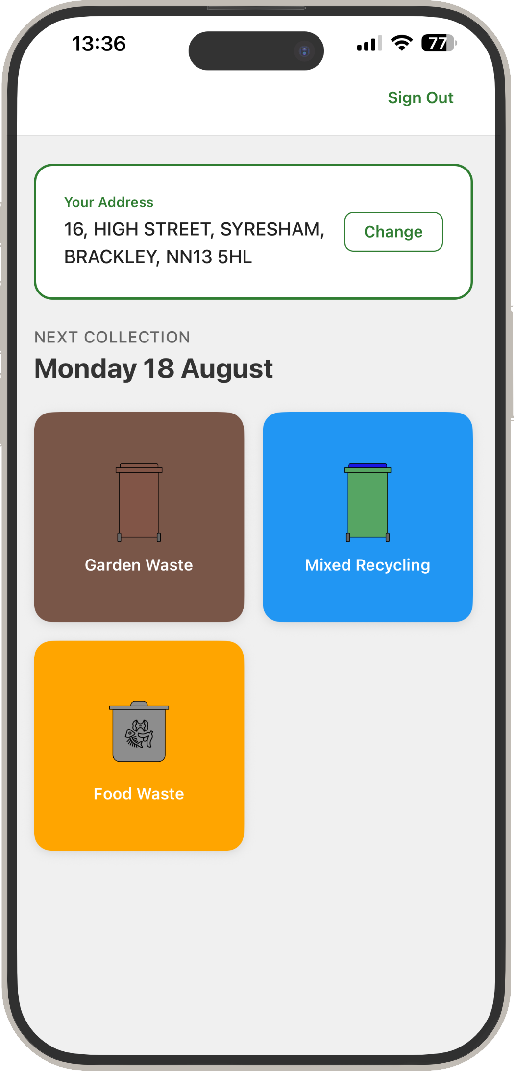 WenBinDay app showing bin collection schedule