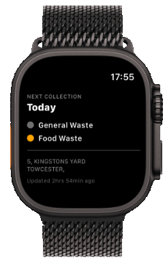 WenBinDay watch app showing bin collection schedule